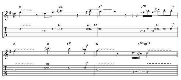Example 5: final turnaround.  Here's a third take at the last half of the progression with contrasting slow bends and the odd flurry thrown in. There's also a hint of a theme developing between bars 3 and 4.  Once again, take it slow until you gain more confidence.